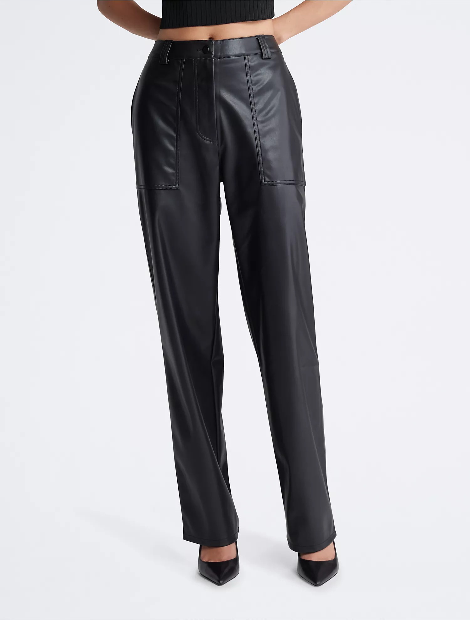 Брюки Calvin Klein Faux Leather High Rise Straight Leg, черный джинсы прямого кроя с высокой талией и множеством карманов средняя стирка
