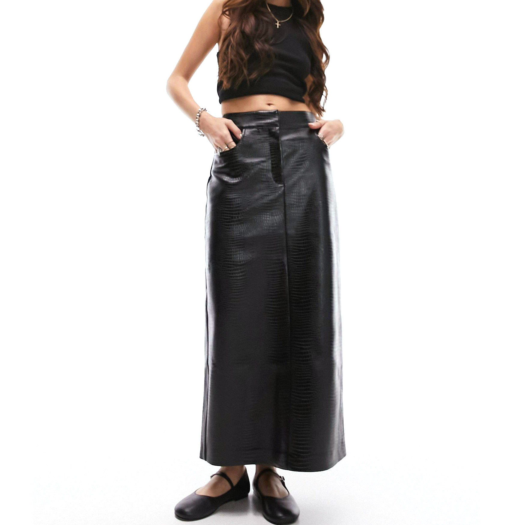 Юбка Topshop Leather Look Midi, черный женская юбка карандаш из искусственной кожи элегантная бандажная юбка миди из искусственной кожи с высокой талией и разрезом офисная улич
