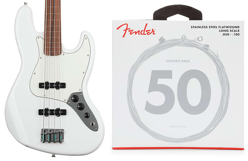 

Fender Player Fretless Jazz Bass - Polar White с накладкой Pau Ferro Комплект струн Fender 9050ML из нержавеющей стали с плоской обмоткой для бас-гитары - .050-.100 Medium Light 0149933515=1 0739050405=1
