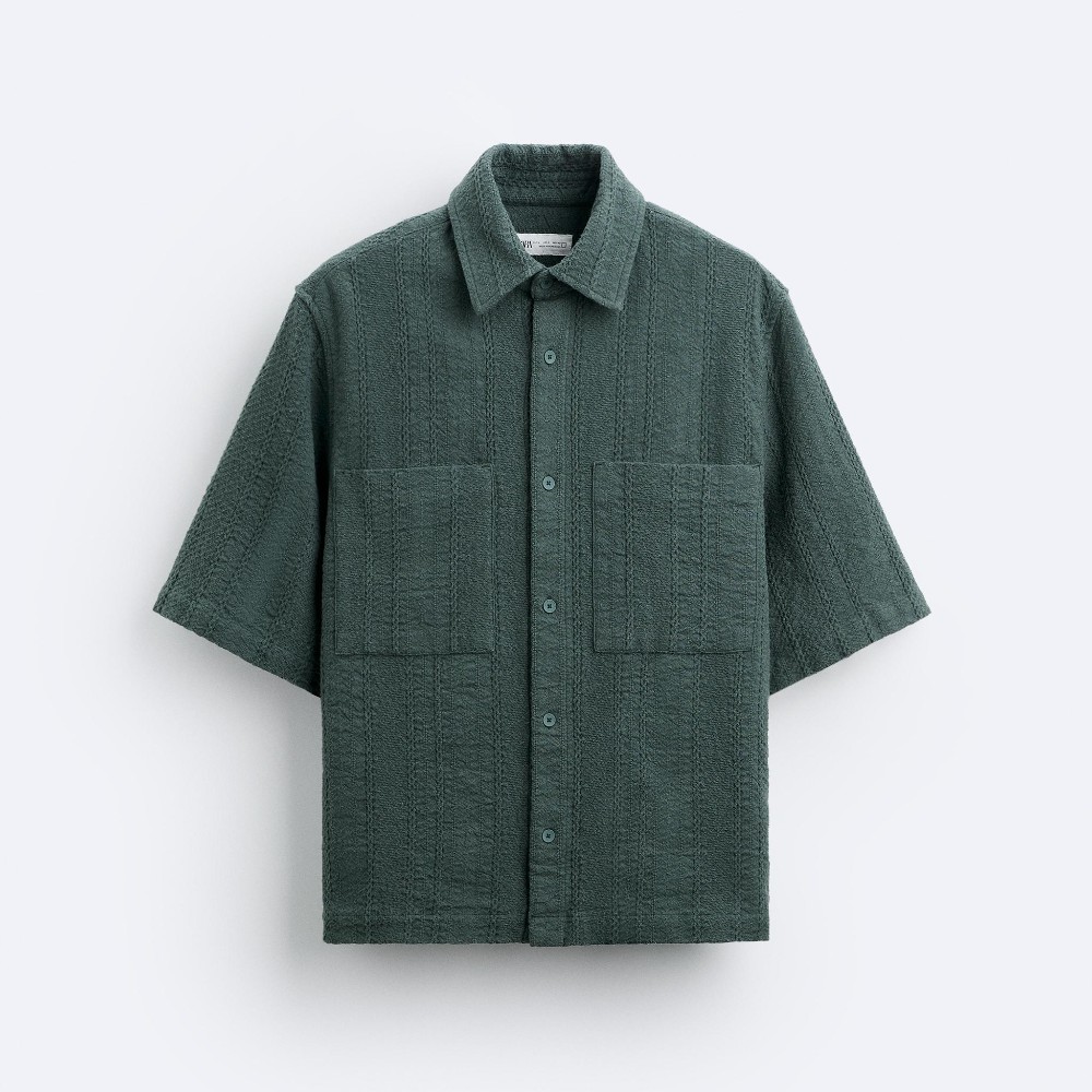 рубашка zara contrast jacquard зеленый кремовый Рубашка Zara Geometric Jacquard, зеленый