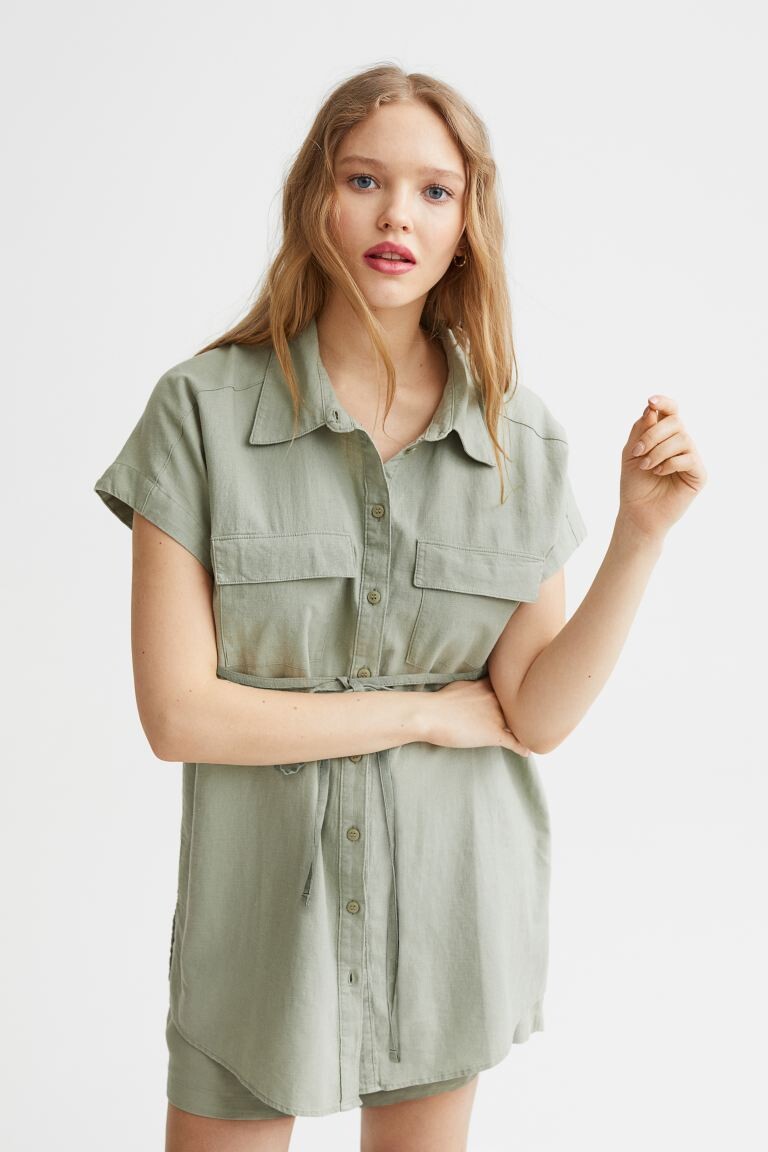 

MAMA Рубашка из смесовой льняной ткани с короткими рукавами H&M, хаки зеленый