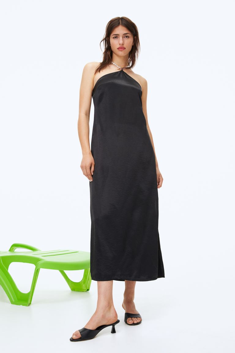Атласное платье с застежкой на шее H&M, черный
