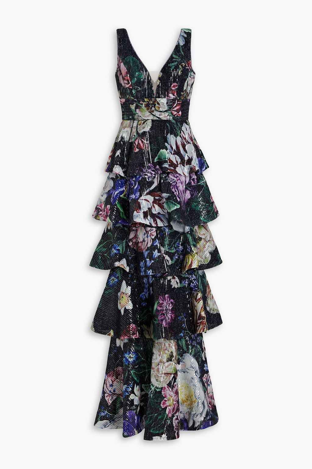 Многоярусное шифоновое платье с цветочным принтом и декором. MARCHESA NOTTE, черный блуза с принтом и декором