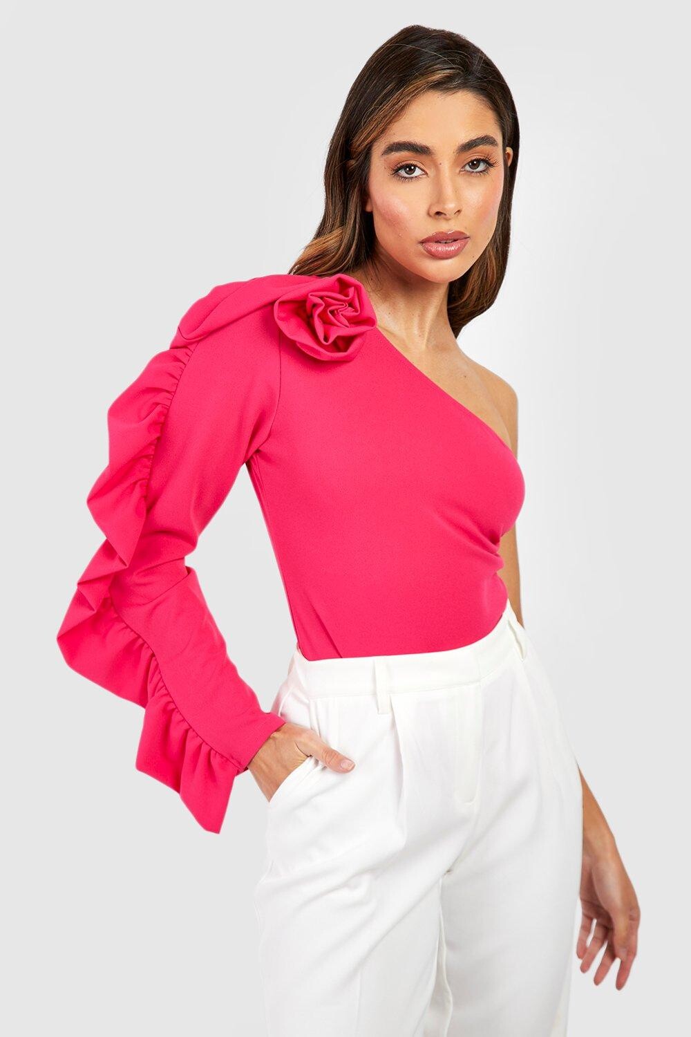 

Боди на одно плечо с деталями розы Boohoo, розовый