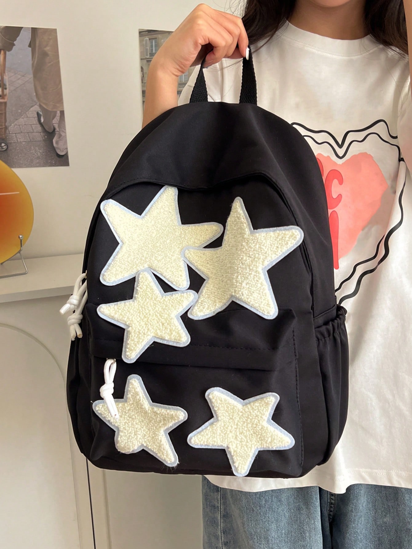 Модный женский повседневный нейлоновый рюкзак со звездной этикетой для школы, черный