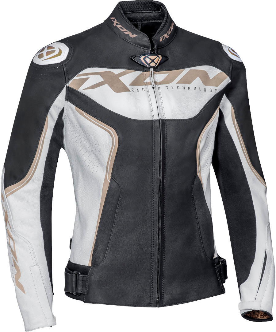 цена Куртка Ixon Trinity для женщин для мотоцикла Кожаная, черно-бело-золотистая