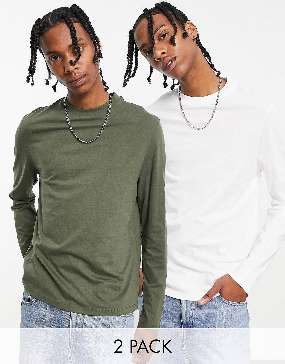 

Белая и хаки футболка с длинным рукавом ASOS DESIGN