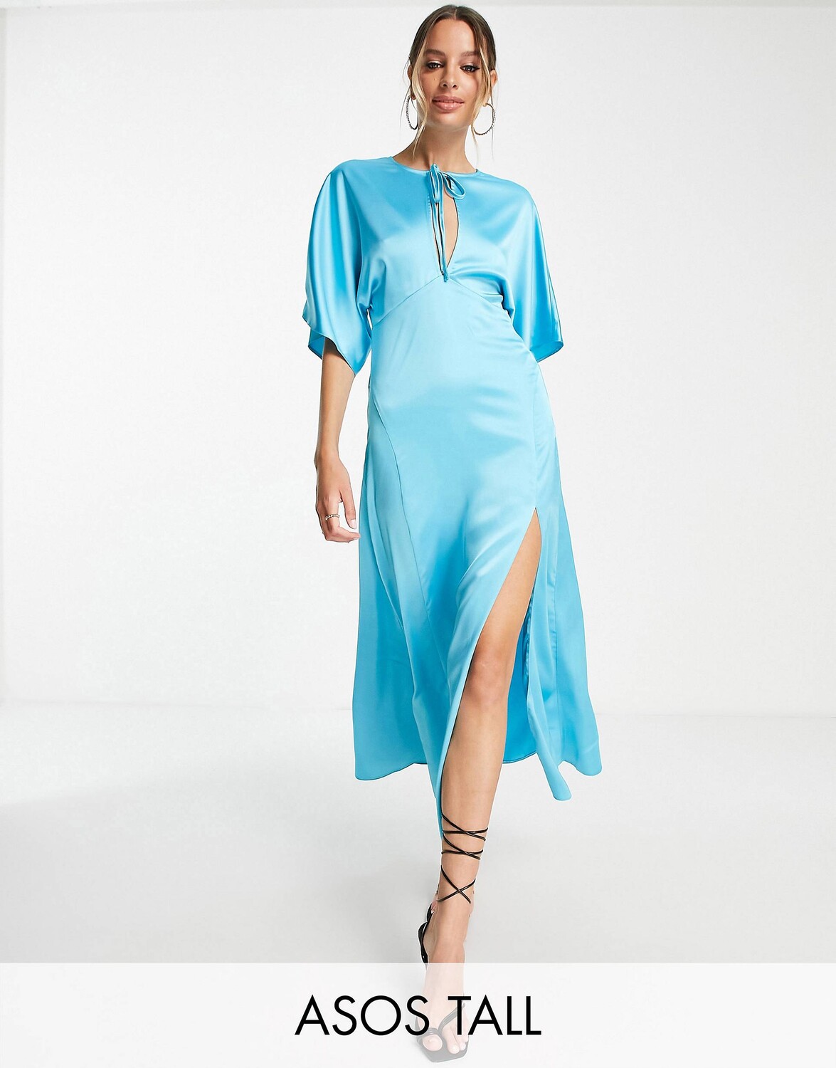 

Синее атласное платье миди со вставками и вырезом \"капля\" ASOS DESIGN Tall