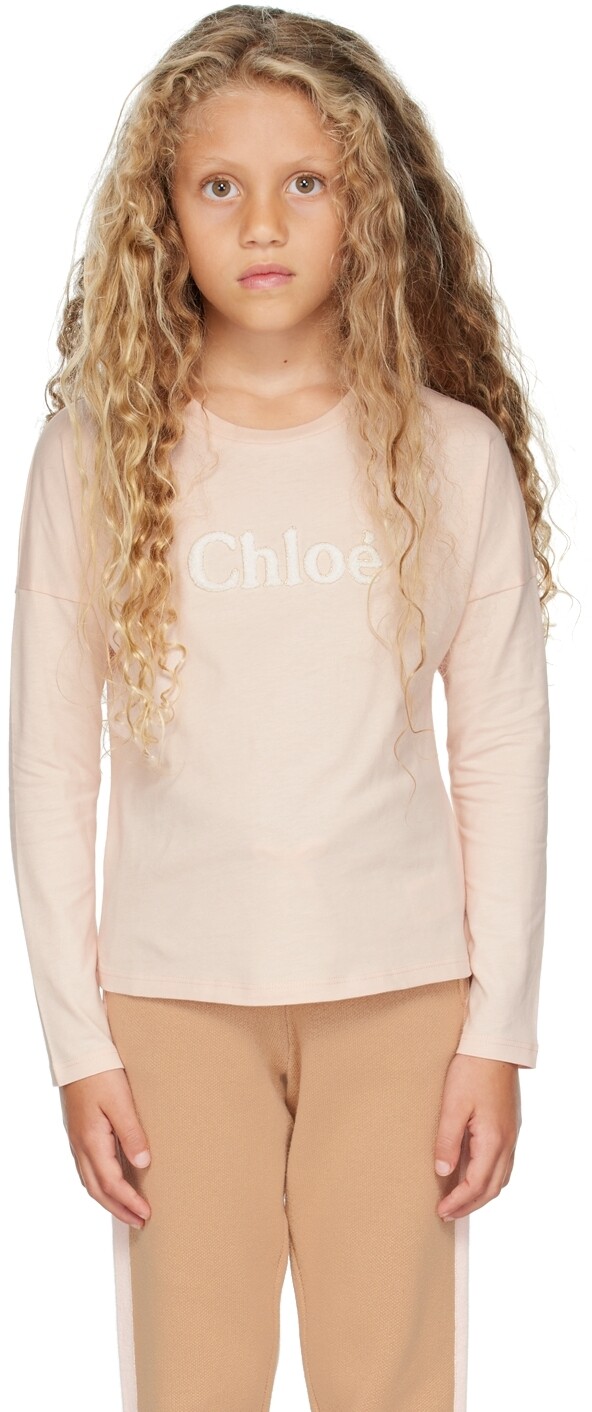 

Детская розовая футболка с длинными рукавами и нашивками Chloé
