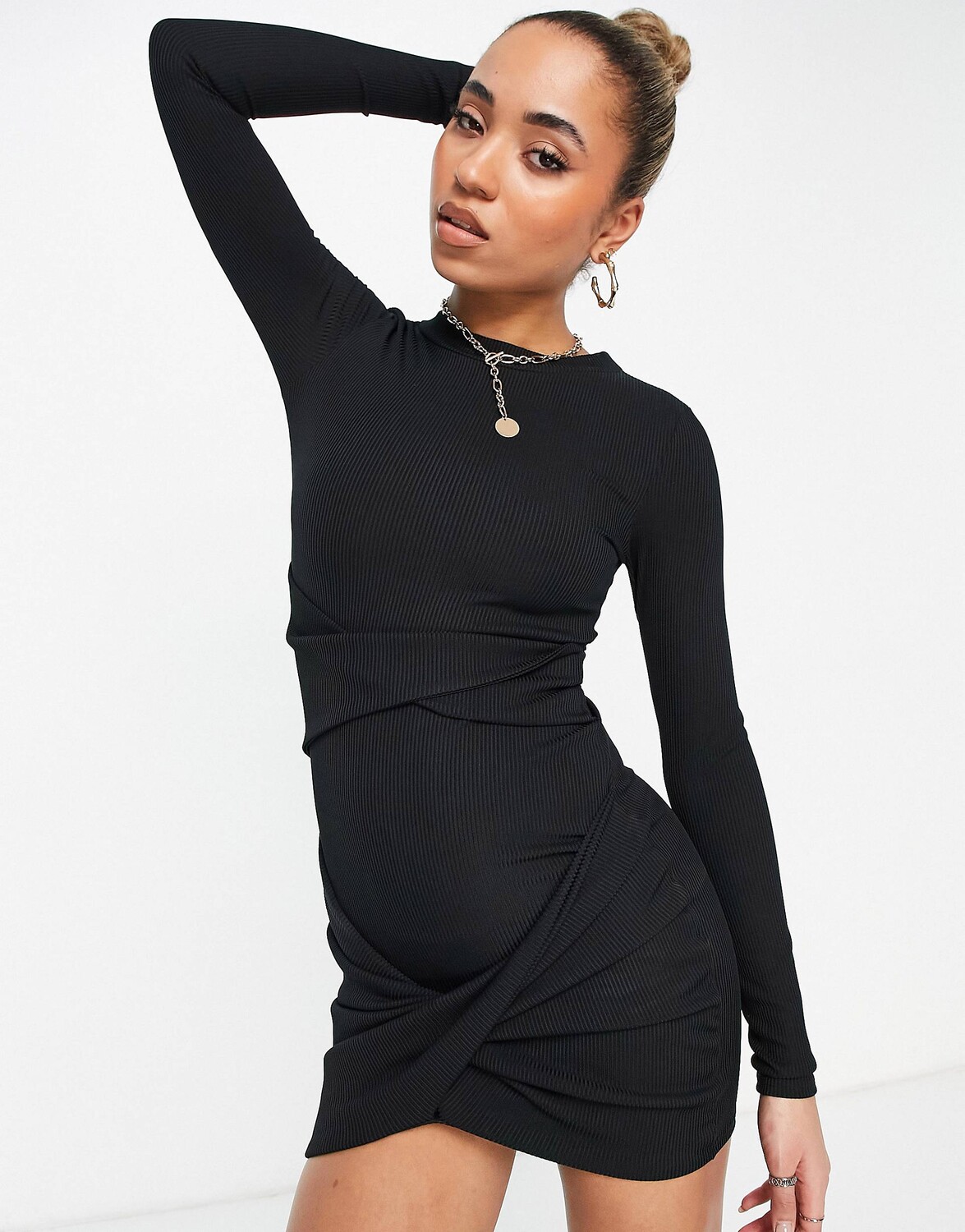 

Черное платье мини в рубчик с длинными рукавами ASOS DESIGN