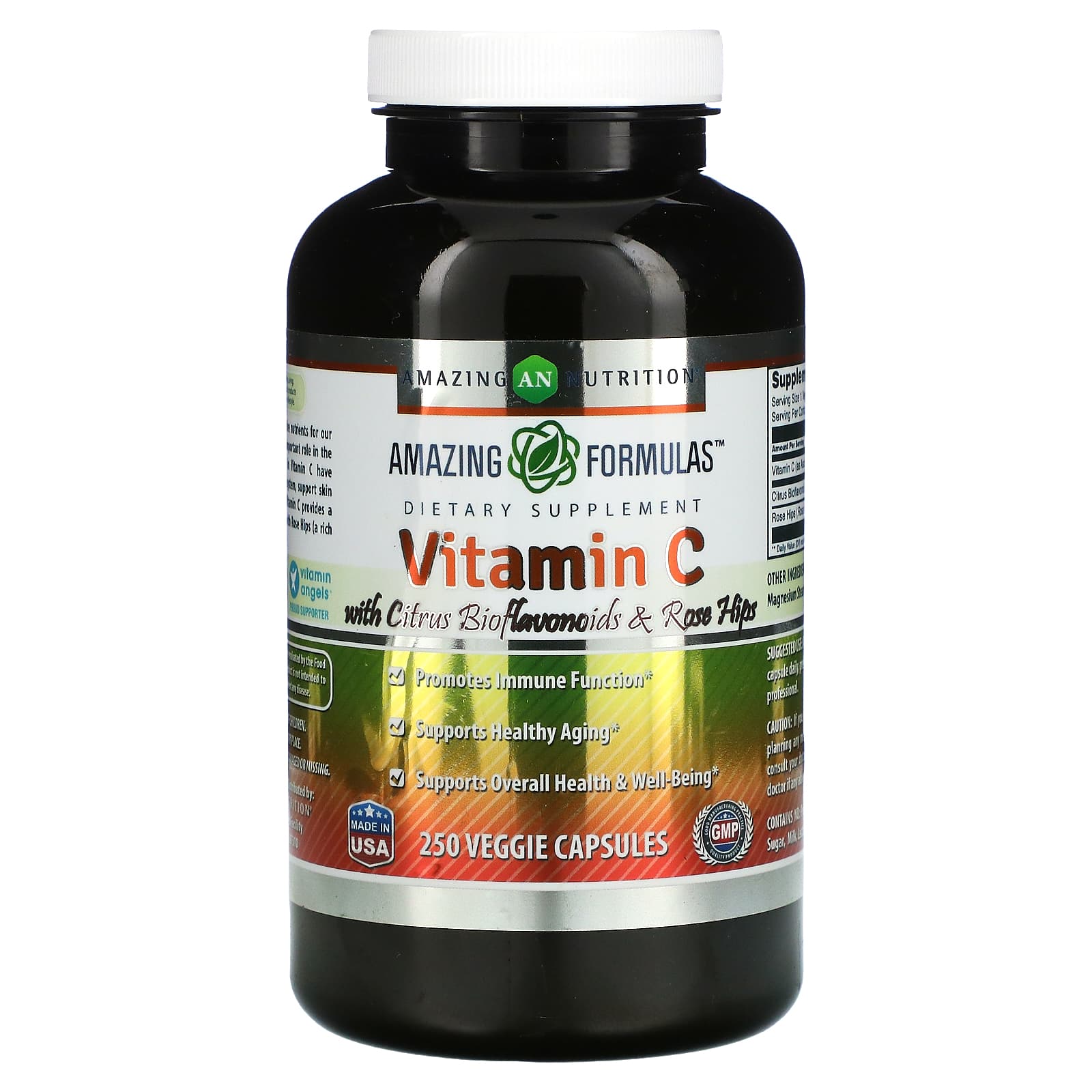 Витамин C Amazing Nutrition с цитрусовыми биофлавоноидами и шиповником, 250 растительных капсул bioschwartz комплекс витамина с с биофлавоноидами цинка и шиповником 120 капсул