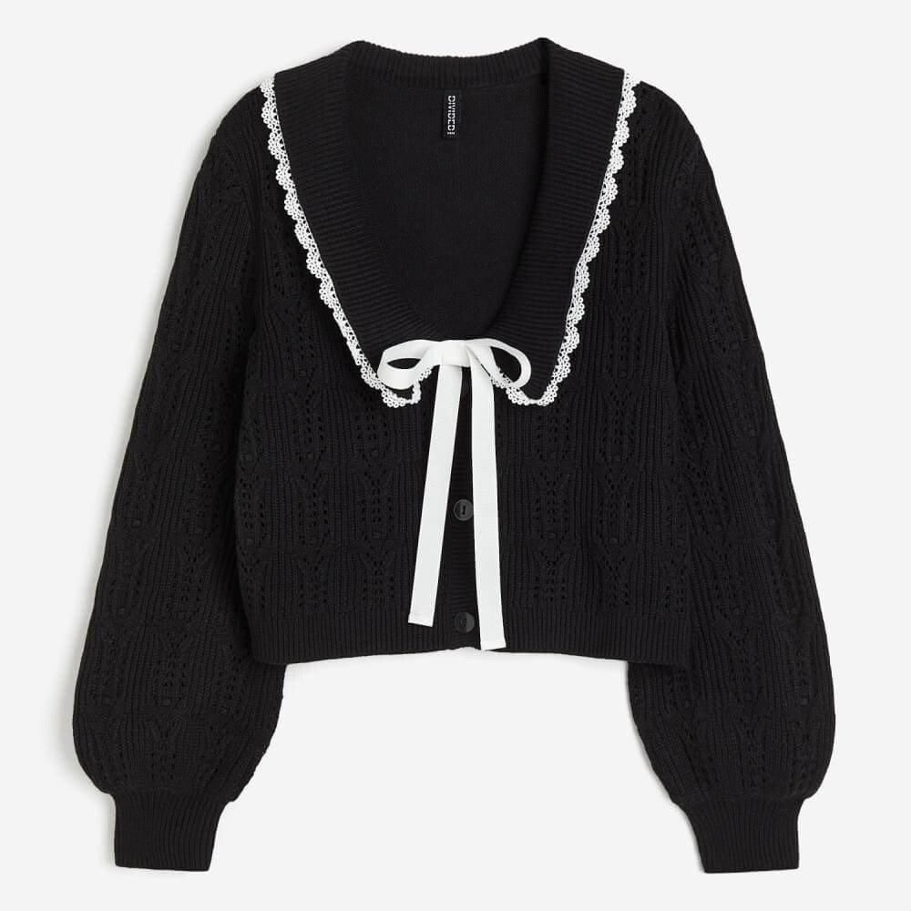 

Кардиган H&M Pointelle Knit With Peter Pan Collar, черный/белый