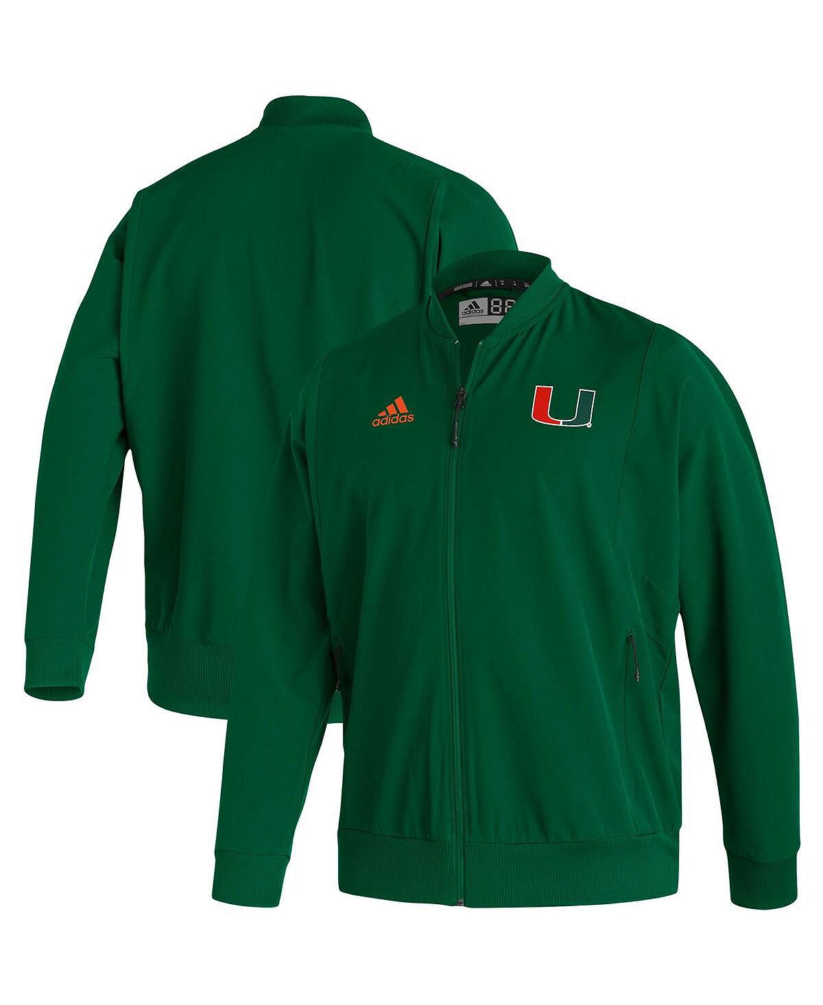 Мужская зеленая куртка-бомбер miami hurricanes 2021 sideline из тканого материала primeblue с молнией во всю длину adidas, темно-зеленый - фото