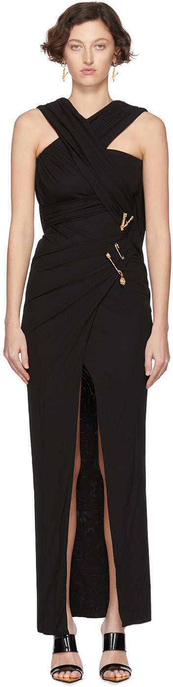 

Черное длинное платье с драпировкой и медузой Versace