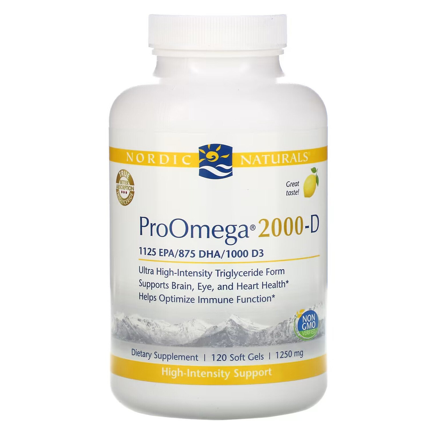 Nordic Naturals, ProOmega 2000-D, со вкусом лимона, 1250 мг, 120 мягких желатиновых капсул - фото