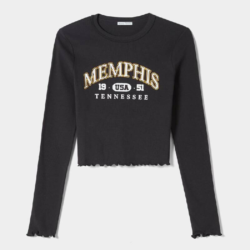 

Лонгслив Bershka Cropped With Print, темно-синий