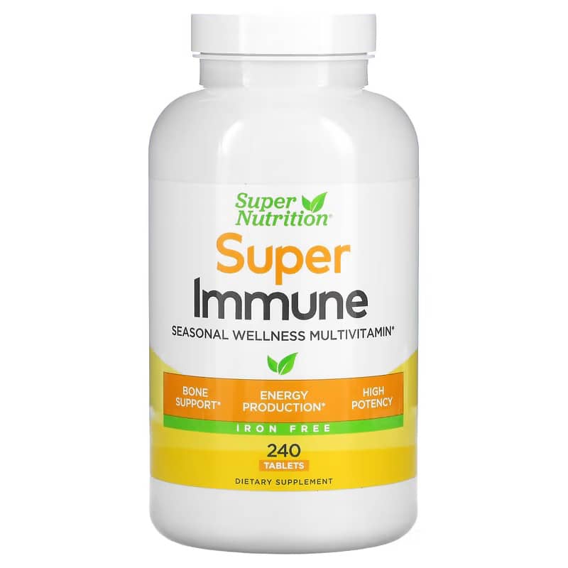 цена Мультивитамины Super Nutrition, Super Immune с глутатионом без железа, 240 таблеток