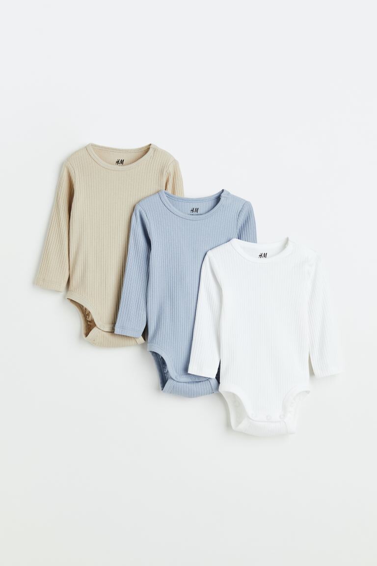 

Комплект из 3 боди в рубчик H&M, синий/светло-бежевый/белый