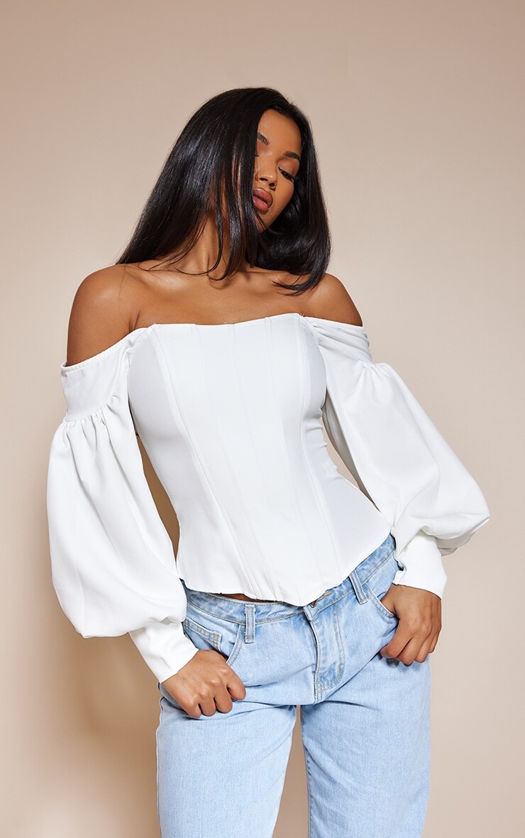 

PrettyLittleThing Белый корсетный топ с объемными рукавами и открытыми плечами
