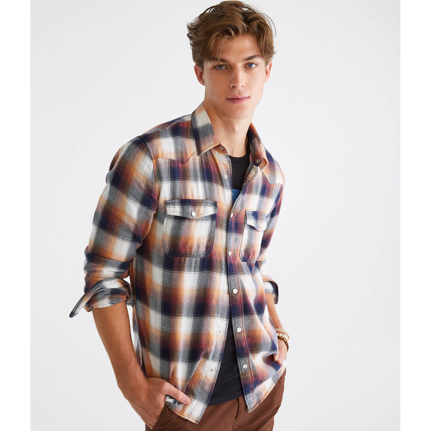 

Рубашка Aeropostale Long Sleeve Plaid Western, коричневый/темно-синий