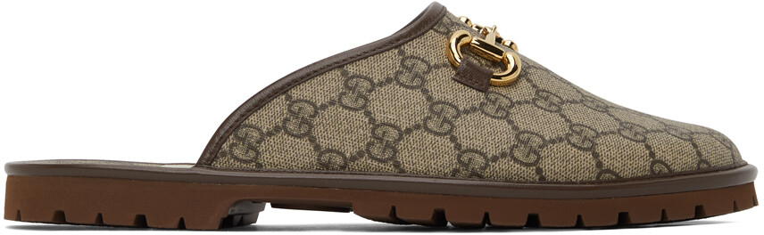 

Бежево-коричневые лоферы без шнурков с узором GG Horsebit Gucci