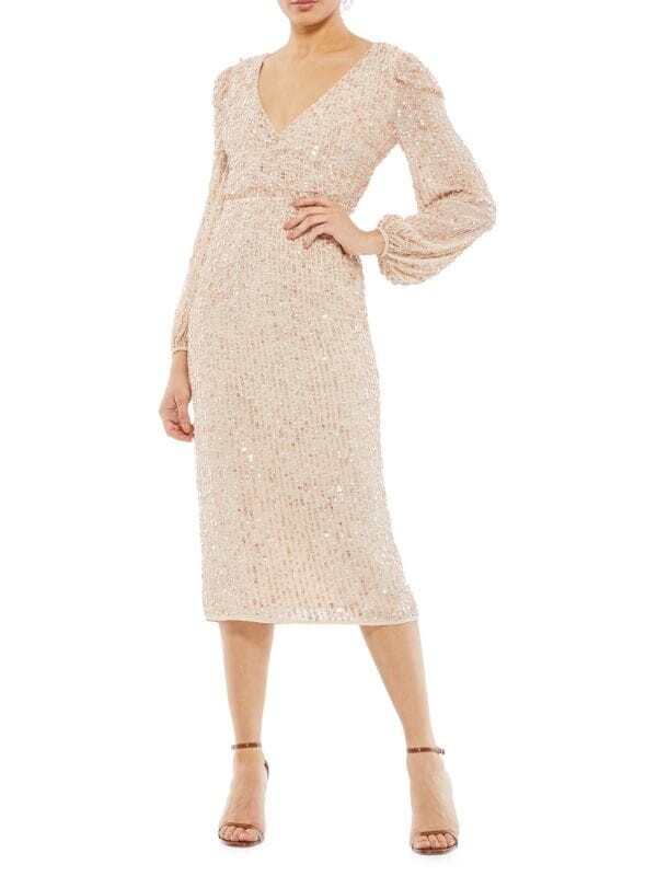 

Платье Mac Duggal с пышными рукавами и пайетками, nude