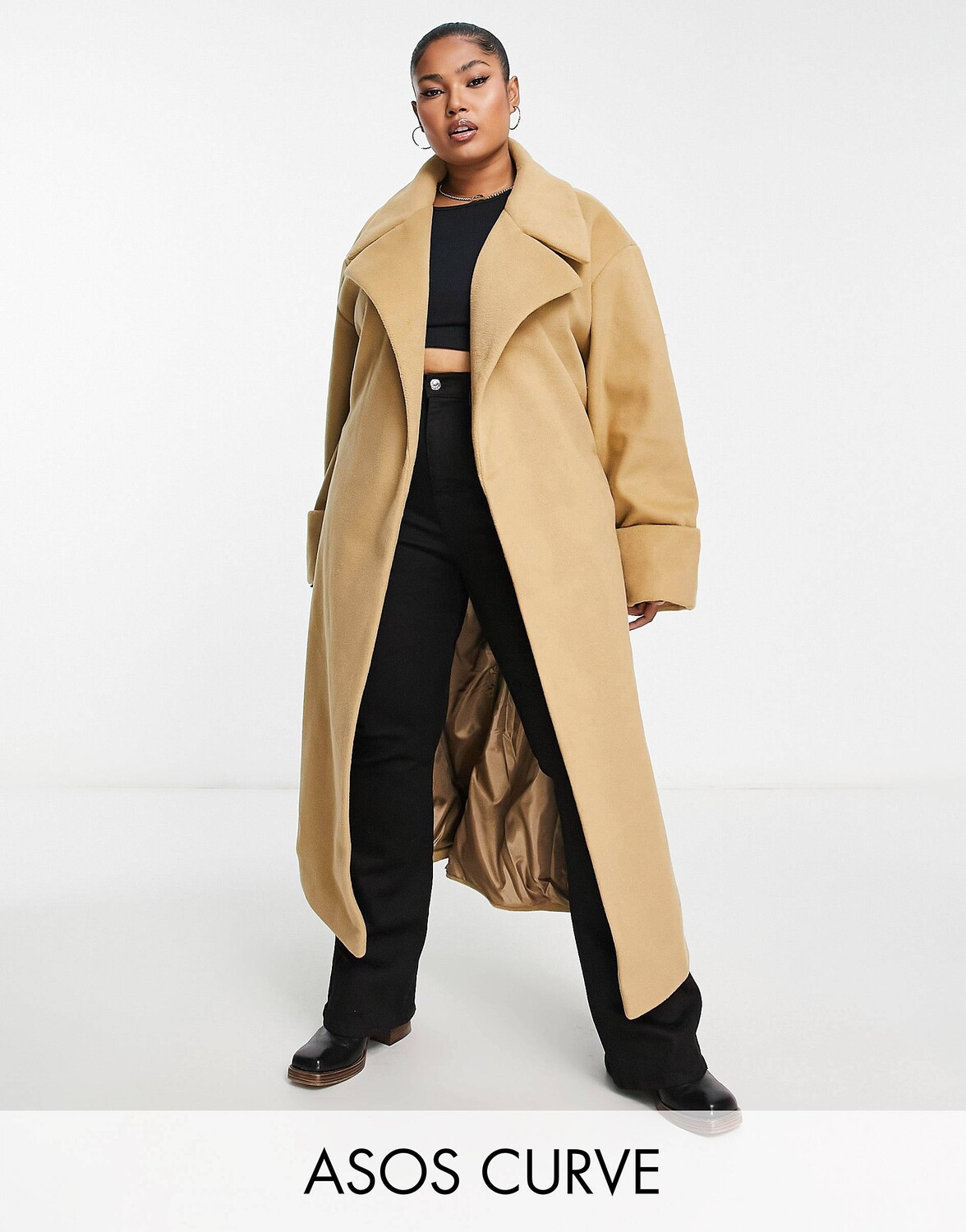

Коричневое пальто с начесом и поясом ASOS DESIGN Curve