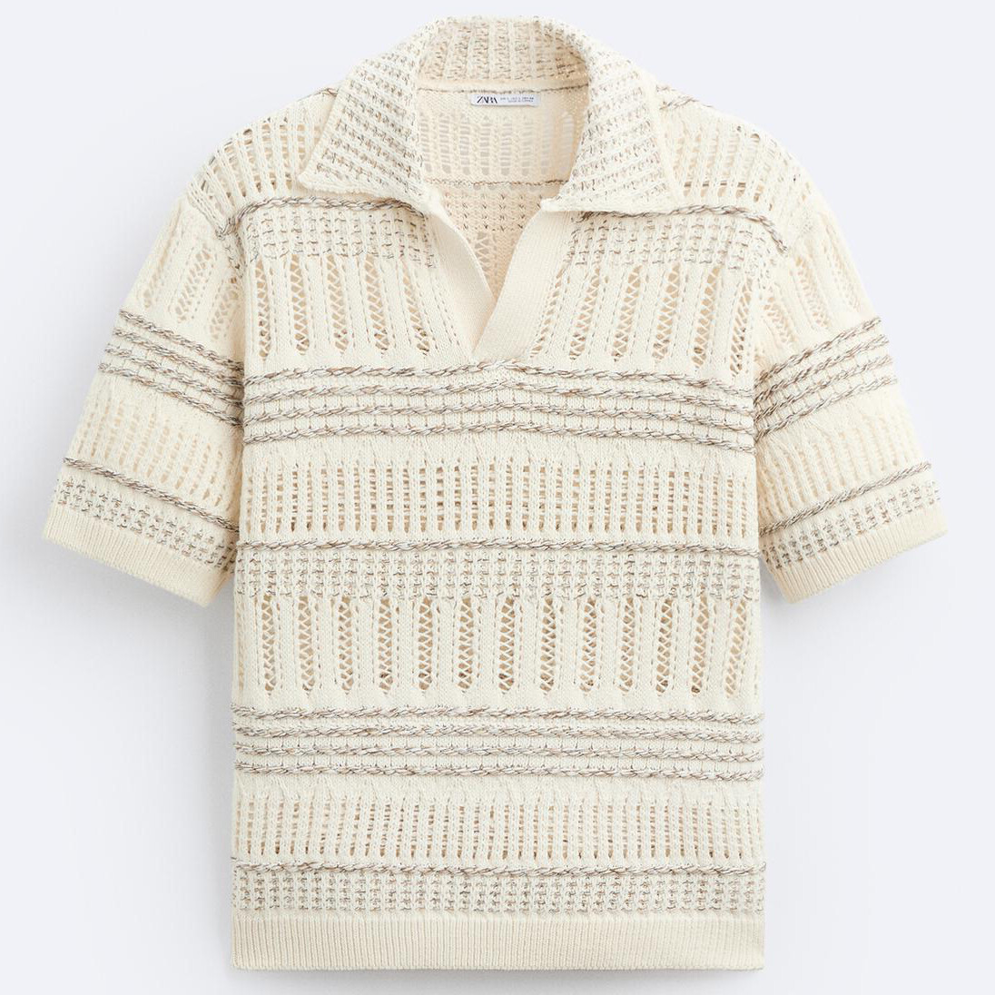 Поло Zara Textured Crochet, экрю поло zara textured contrast details черный