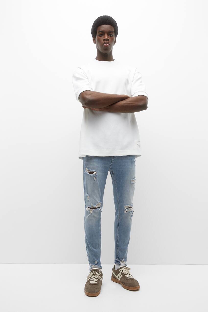 

Рваные джинсы-морковки Pull&Bear, бледный индиго, Серый