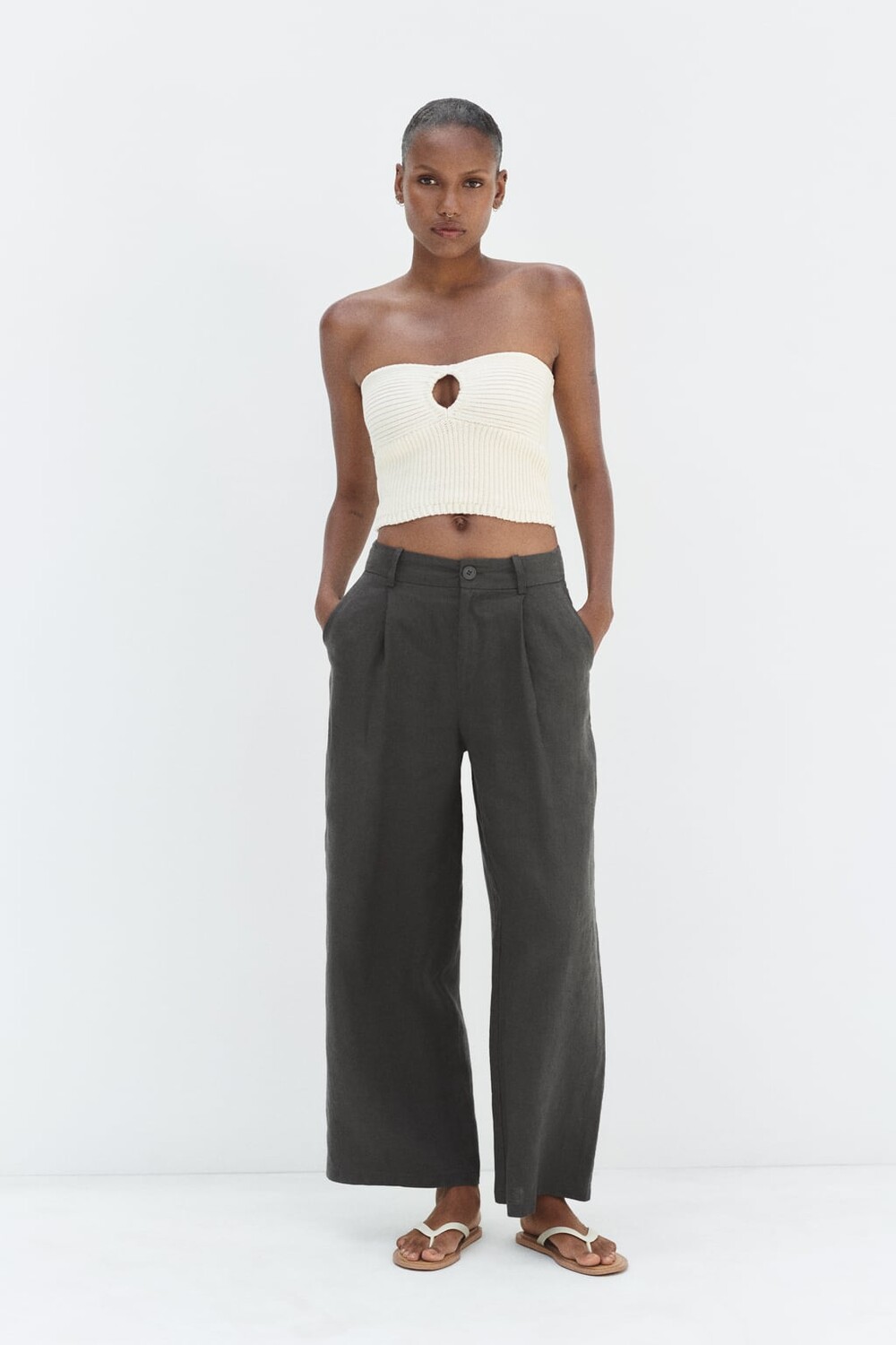 

Широкие брюки из льна ZARA, серый