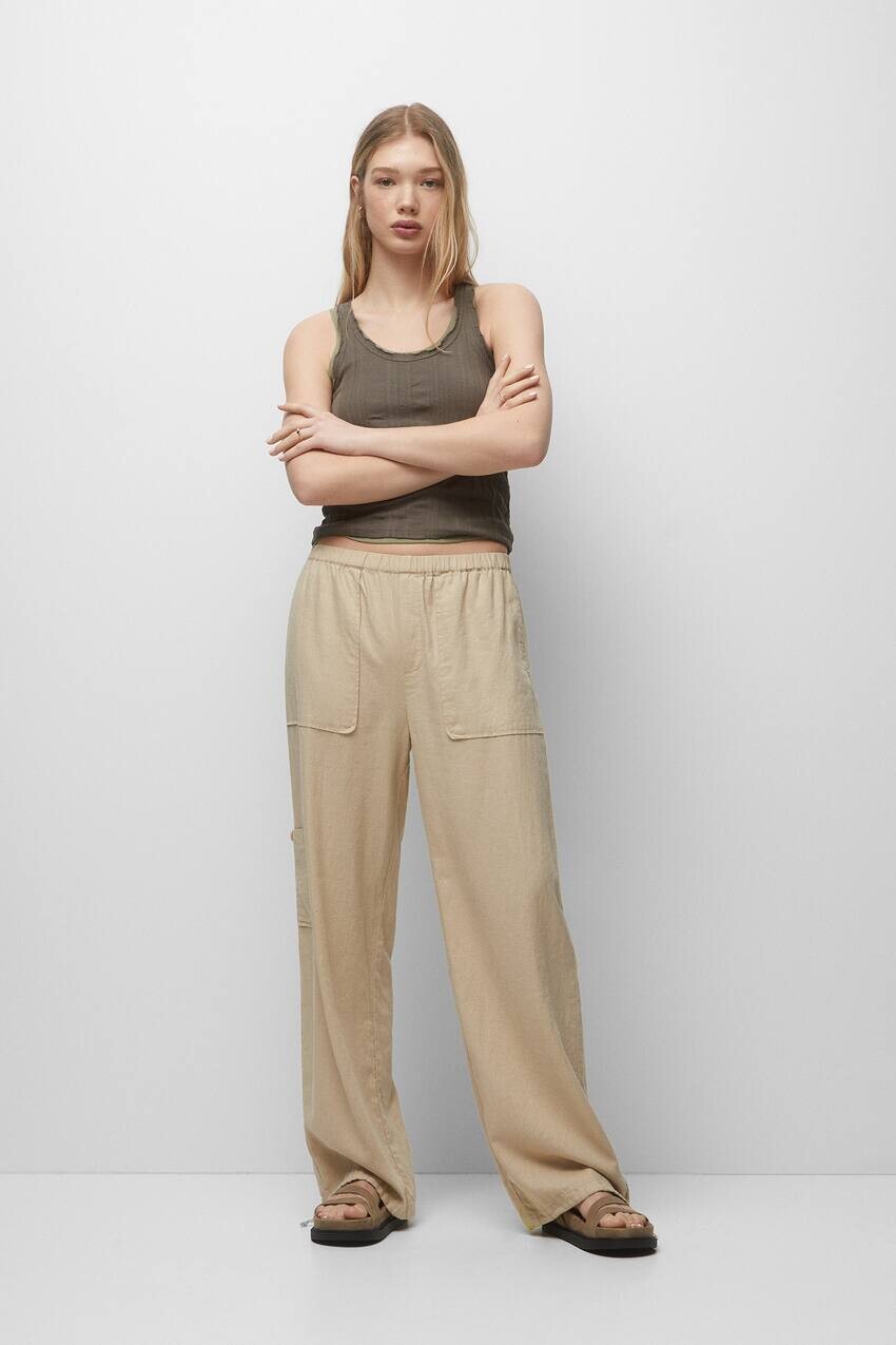 

Брюки свободного кроя в деревенском стиле Pull&Bear, бежевый