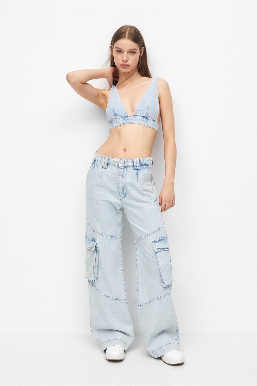 

Джинсы карго Pull&Bear, блеский синий