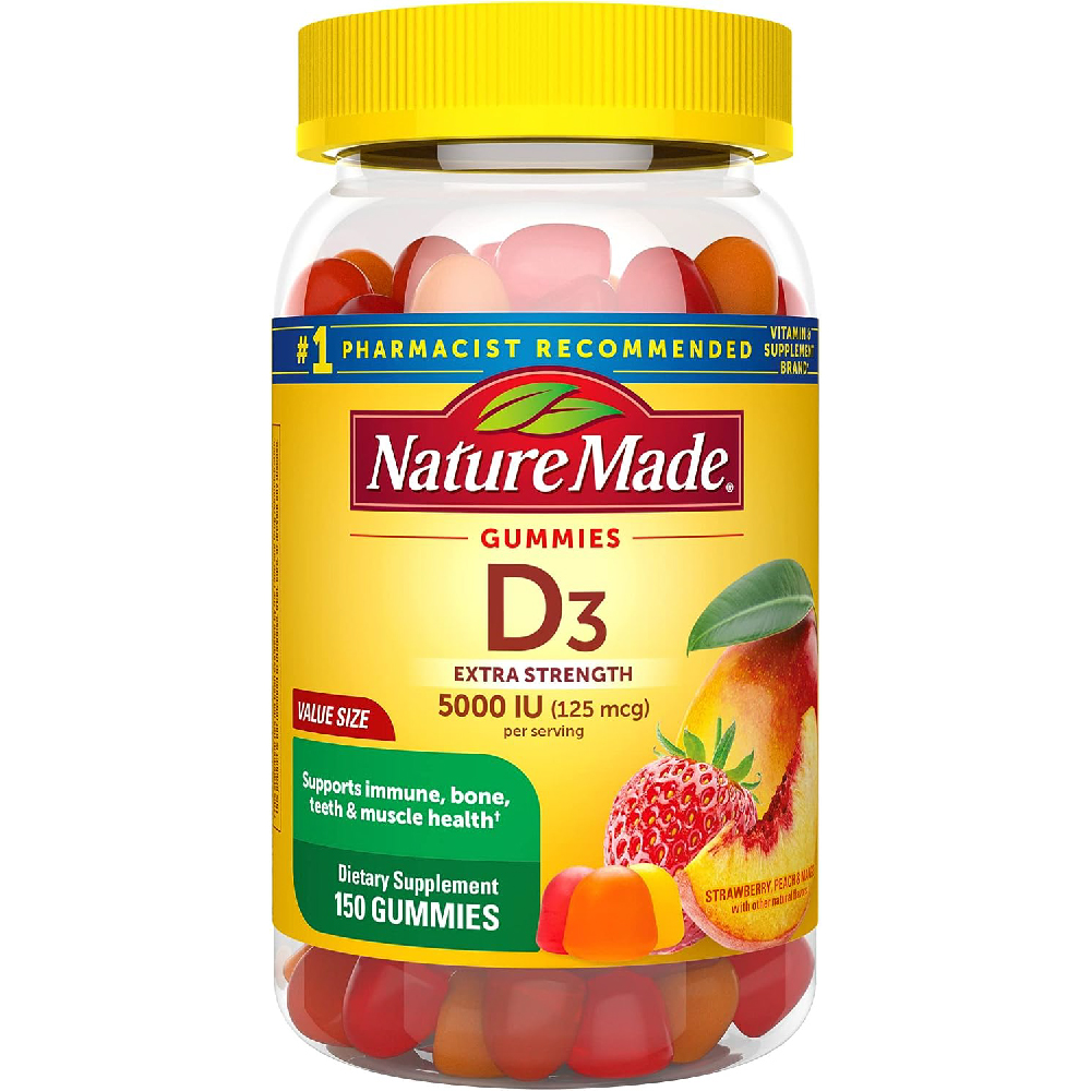 Витамин D3 Nature Made 5000 МЕ, 125 мкг, 150 жевательных капсул витамин d3 5000 ме bioschwartz 360 капсул для костей зубов кожи иммунитета