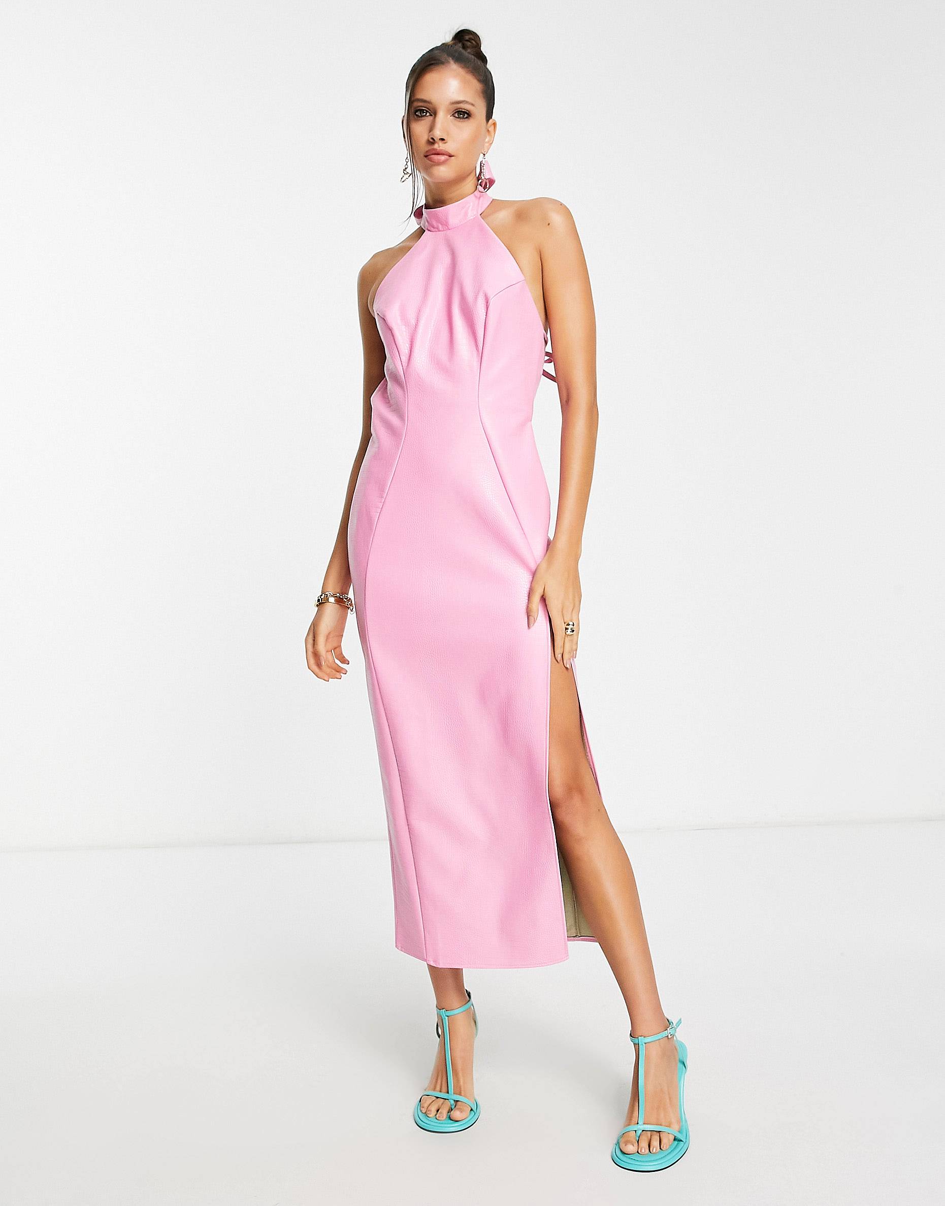Розовое платье миди из искусственной кожи с эффектом крокодила ASOS DESIGN