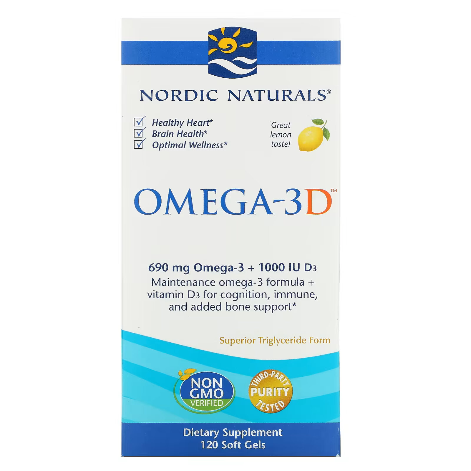 Nordic Naturals, Omega-3D, со вкусом лимона, 1000 мг, 120 мягких желатиновых капсул nordic naturals prodha 1000 добавка с аминокислотами с клубничным вкусом 1000 мг 120 капсул