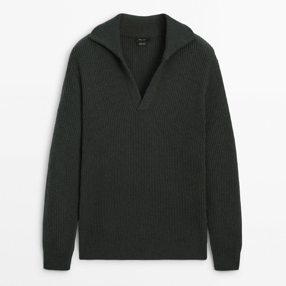 Свитер Massimo Dutti Wool Blend Ribbed Knit Polo, темно-зеленый