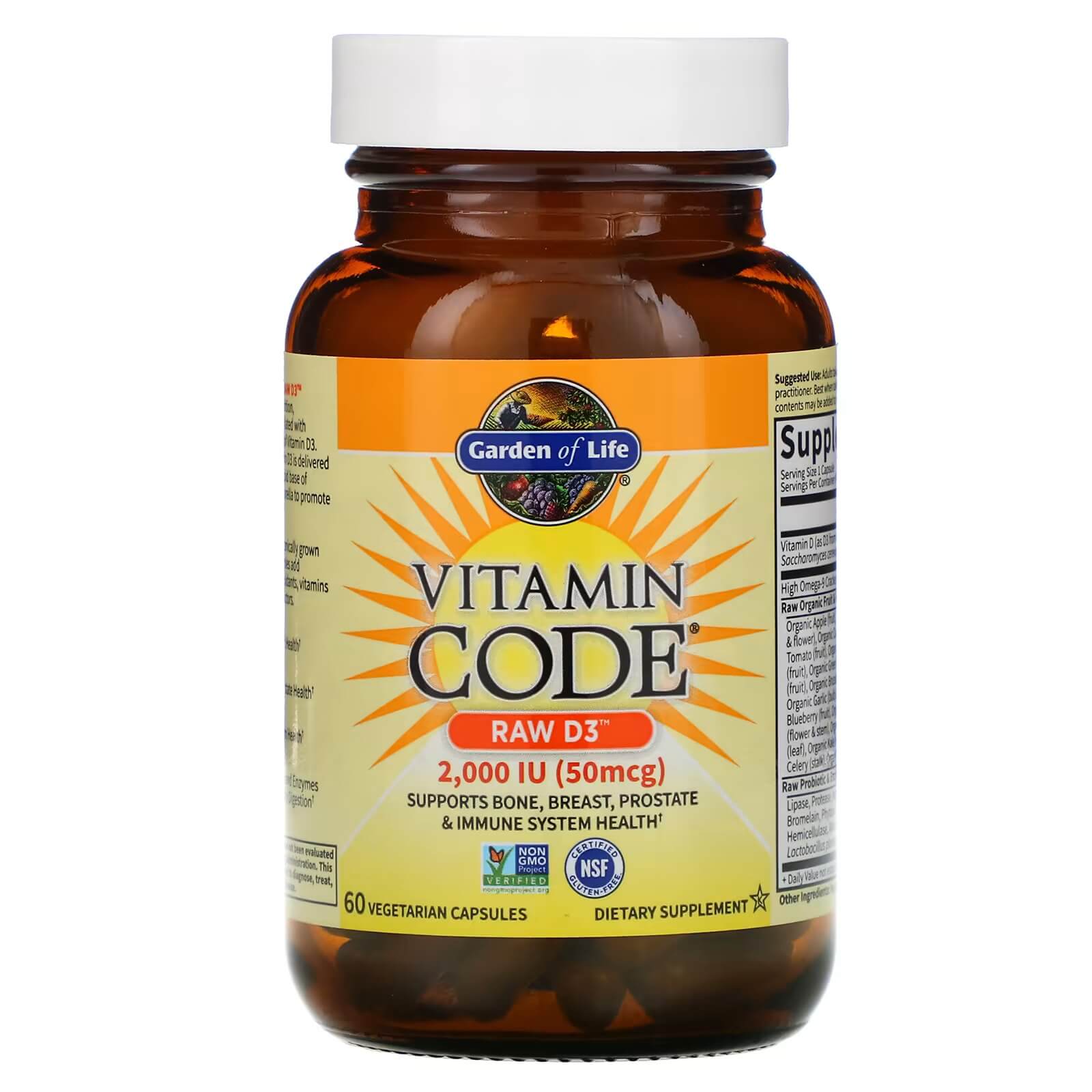Витамин RAW D3 50 мкг (2000 МЕ) 60 капсул, Garden of Life быстрорастворимые таблетки natrol vitamin d3 5000 90 шт