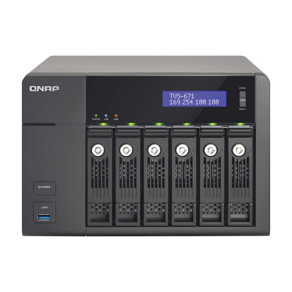цена Сетевое хранилище QNAP TVS-671-PT, 6 отсеков, 4 ГБ, без дисков, черный