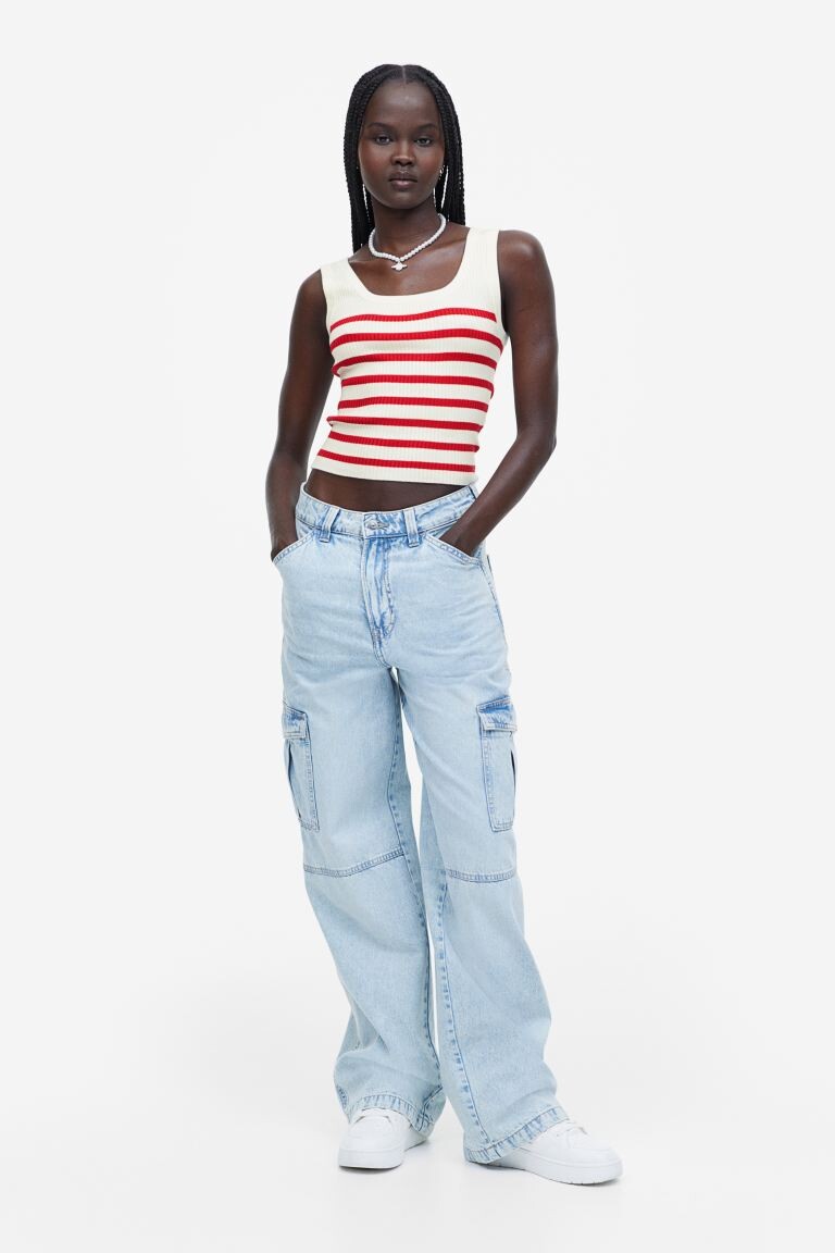

Трикотажная майка в рубчик H&M, кремовый/красный в полоску