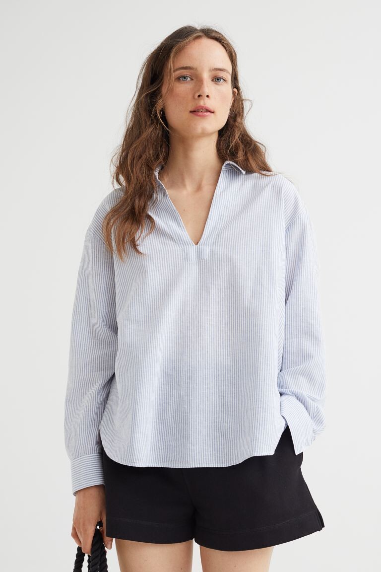 

Рубашка из смесового льна H&M, голубой/белые полосы