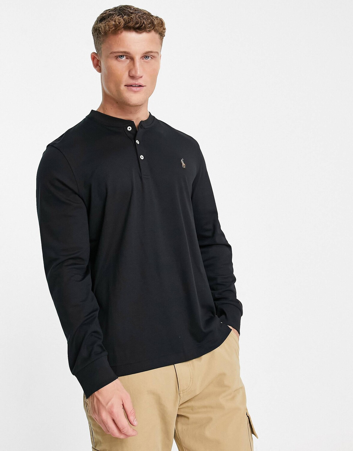 

Черный топ с длинными рукавами на пуговицах из хлопка пима и логотипом Polo Ralph Lauren