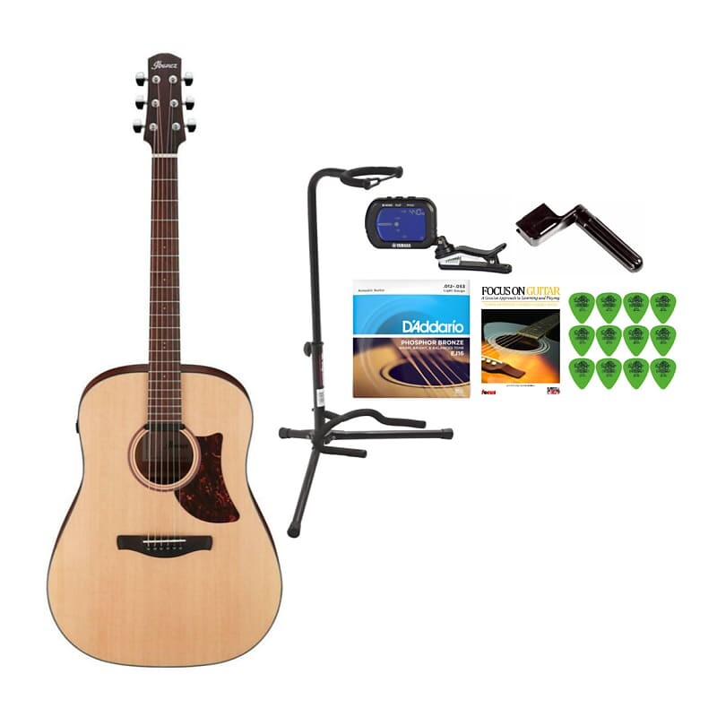 

Ibanez AAD100E 6-String Advanced Acoustic Guitar (Open Pore Natural) в комплекте с тюнером, подставкой для гитары, гитарными струнами, Focus on Guitar Book, намотчиком струн и гитарными медиаторами (12 шт., зеленый)