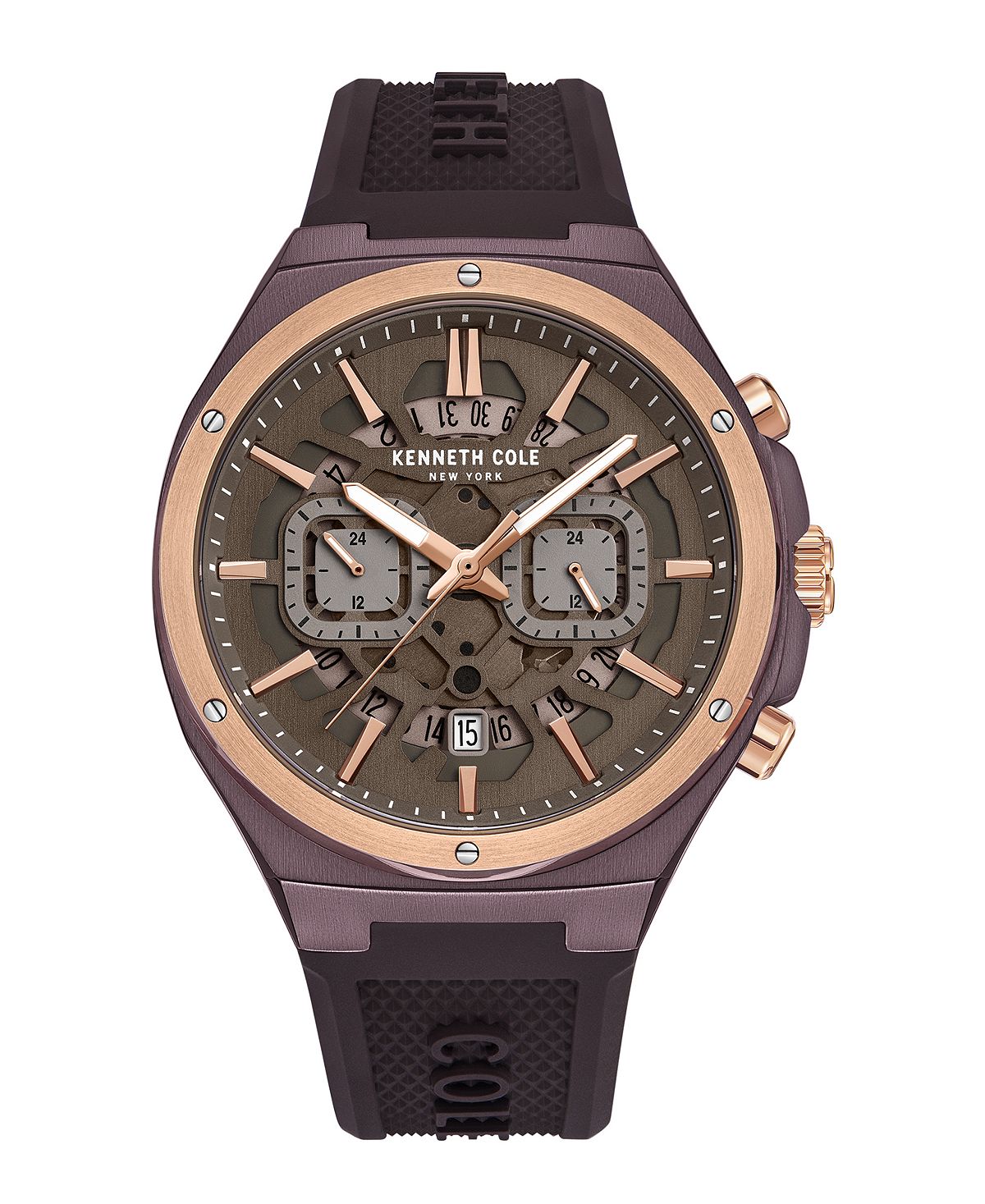 цена Мужские многофункциональные часы с коричневым темным силиконовым ремешком, 43,5 мм Kenneth Cole New York