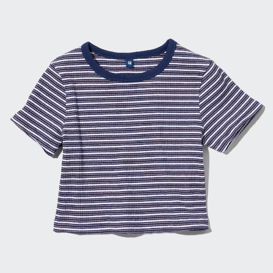 

Футболка Uniqlo Girls Ribbed Striped Cropped, синий