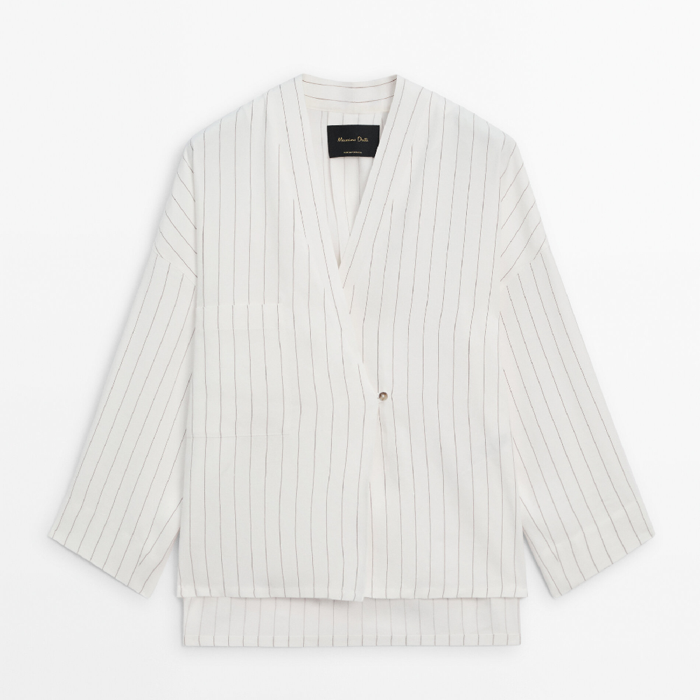 цена Рубашка-кимоно Massimo Dutti Striped Crossover Kimono With Pocket Detail, кремовый