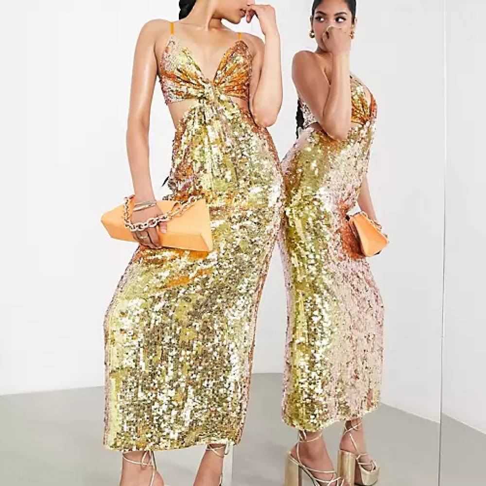 цена Платье Asos Edition Sequin Strappy Midi, золотистый