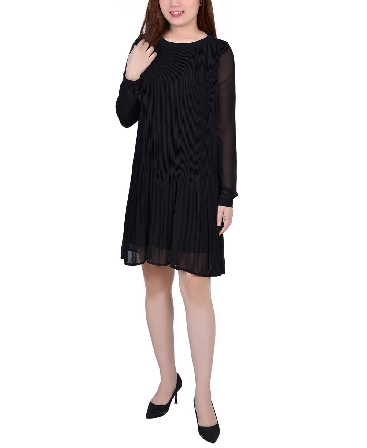 

Миниатюрное плиссированное платье с длинными рукавами NY Collection, черный