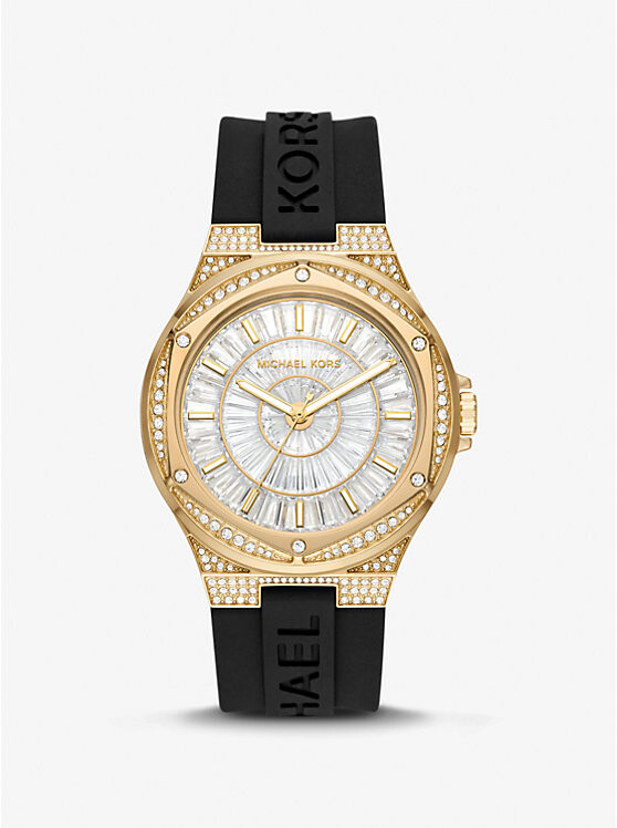 

Часы наручные Michael Kors Oversized Lennox Pavé Gold-Tone and Silicone, черный