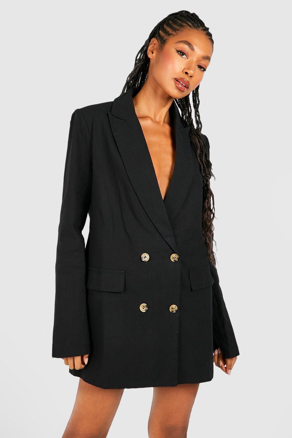 

Льняное двубортное платье-блейзер оверсайз boohoo, черный