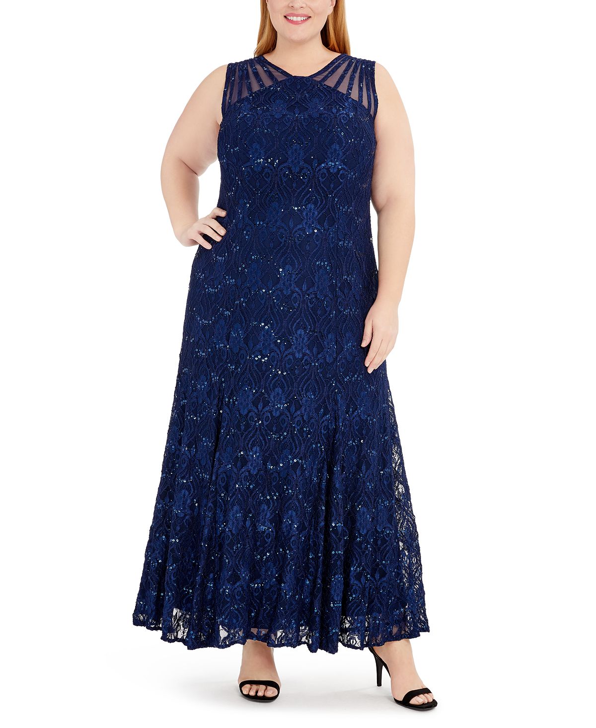 Плюс размер кружевное платье с пайетками R & M Richards, темно-синий
